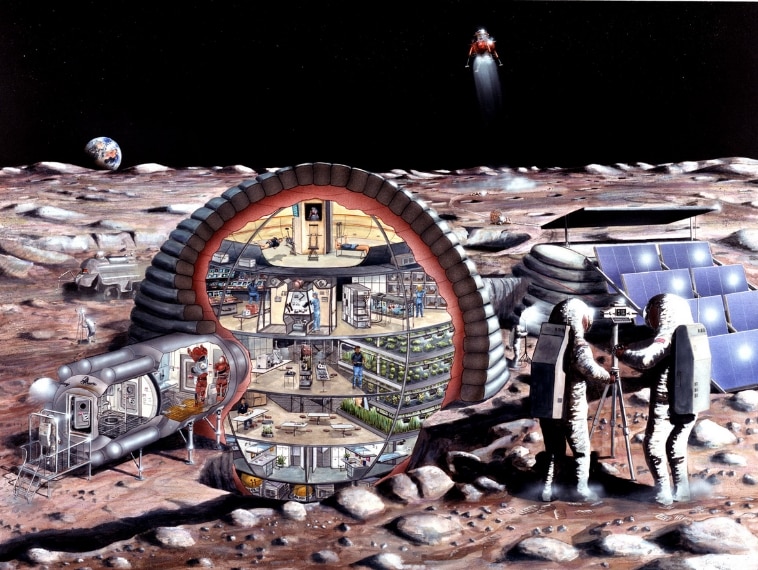 Rendering della Nasa del 1989 dove la base era concepita come un guscio sferico pressurizzato, autosufficiente e concepito per ospitare 6-12 persone. FONTE: NASA