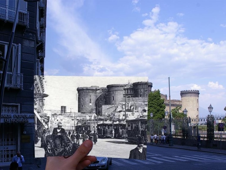 In questa foto il simbolo di Napoli, il Maschio Angioino: scattata a via San Carlo agli inizi del Novecento, sono visibili i primi tram elettrici che apparvero in città in quel periodo. All'epoca il Castello non era ancora isolato dal resto delle costruzioni; l'area, per come la vediamo oggi, fu spianata e isolata negli anni '20: oggi il castello domina piazza Municipio e, idealmente, tutta Napoli