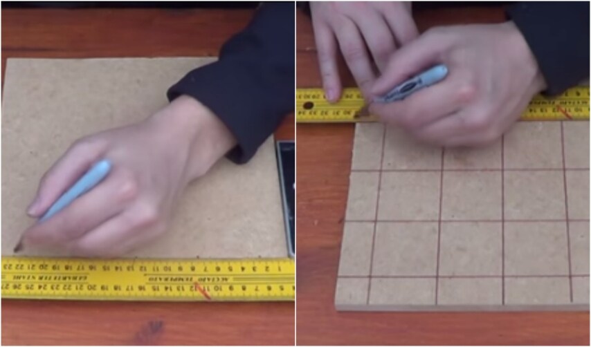 Tracciate 15 quadrati sul retro di una tavoletta di compensato ai cui incroci incollerete i tappi tagliati.