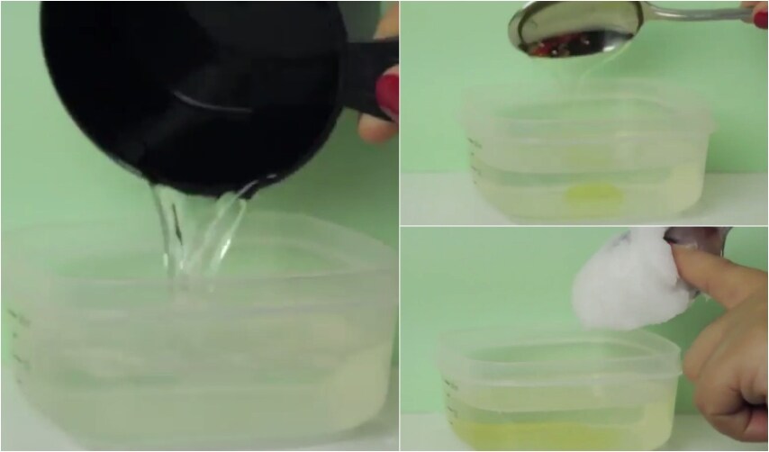 Versare circa 200 ml in un contenitore di plastica ed aggiungere un cucchiaio e mezzo di shampoo ed uno colmo di olio di cocco.
