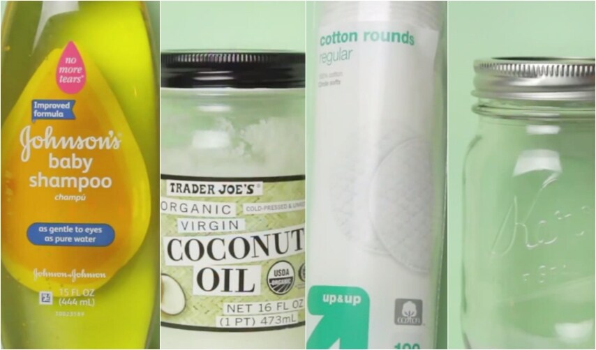 Solo dello shampoo per bambini, non aggressivo per gli occhi ed una pasta di olio di cocco. Dischetti struccanti e un barattolo in vetro.