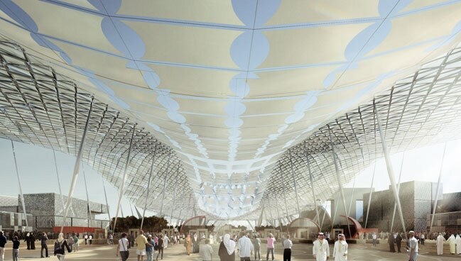 Tutti i percorsi di collegamento e la stessa piazza centrale saranno rivestiti di tende costituite da materiale fotovoltaico che produrrà il 50% dell'energia necessaria all'intero sito espositivo.