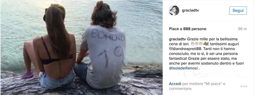 L'ex naufraga dell'Isola dei famosi 2016 ha indirizzato un tenero messaggio al compagno di avventura: "Tanti non ti hanno conosciuto, ma io sì e sei una persona fantastica! Grazie per esserci stato, ma anche per avermi sostenuto dentro e fuori dall'isola".