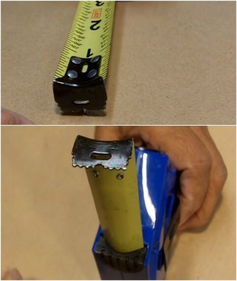 Il piccolo foro alla fine del metro, spesso invisibile, è stato creato per consentire di fissare il metro ad un chiodo o ad un bullone per misurare le distanze. La fine seghettata serve invece a creare un segno, un'incisione, nei punti in cui si è presa la misura.