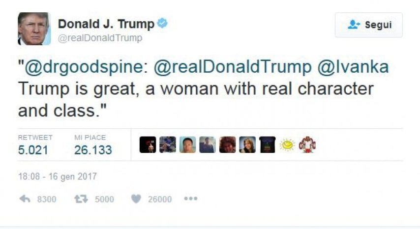 Il retweet di Donald Trump che ha dato inizio alla stramba conversazione su Twitter, nella quale nel frattempo sono intervenuti numerosi utenti.