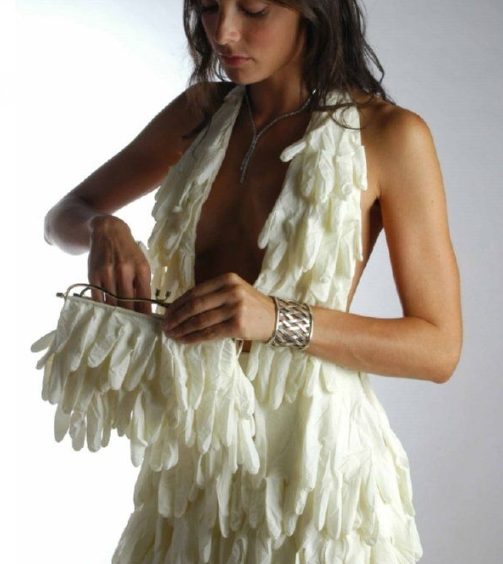Clothes and bag made out of rubber gloves