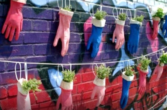 Planters made out of rubber gloves