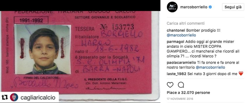 Nella stagione in cui ha indossato la maglia del Cagliari, l'attaccante napoletano ha pubblicato la foto del suo "cartellino" da bambino