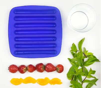 Vi serve un contenitore per il ghiaccio come questo, frutta, menta e acqua. Fonte: https://www.youtube.com/watch?v=E-WNS7JQjXA&t=224s