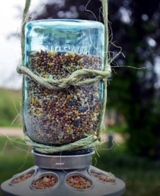 Put bird feed in a jar and turn it upside down.