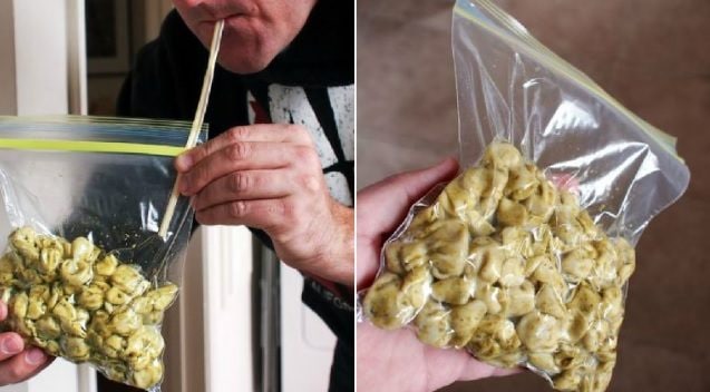 If you don't have a commercial vacuum sealer all you need to do is put your food into a resealable bag. Insert your straw into the bag before closing the seal and then suck as much air as you can from the bag.