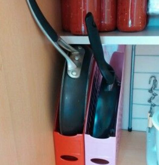 I faldoni da ufficio si possono riciclare e usare in cucina, per tenere in ordine le padelle. Fonte: https://it.pinterest.com/pin/510666045228546884/