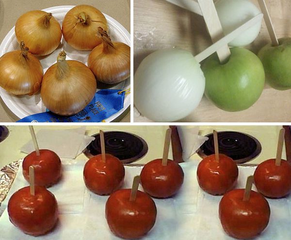 Usare le cipolle per fare le "mele" caramellate.