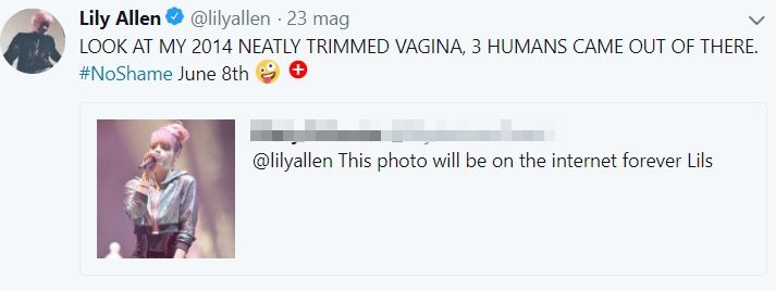 Lei ritwitta e ci scherza su: "Guardate la mia vagina depilata, tre esseri umani sono venuti fuori da qui".