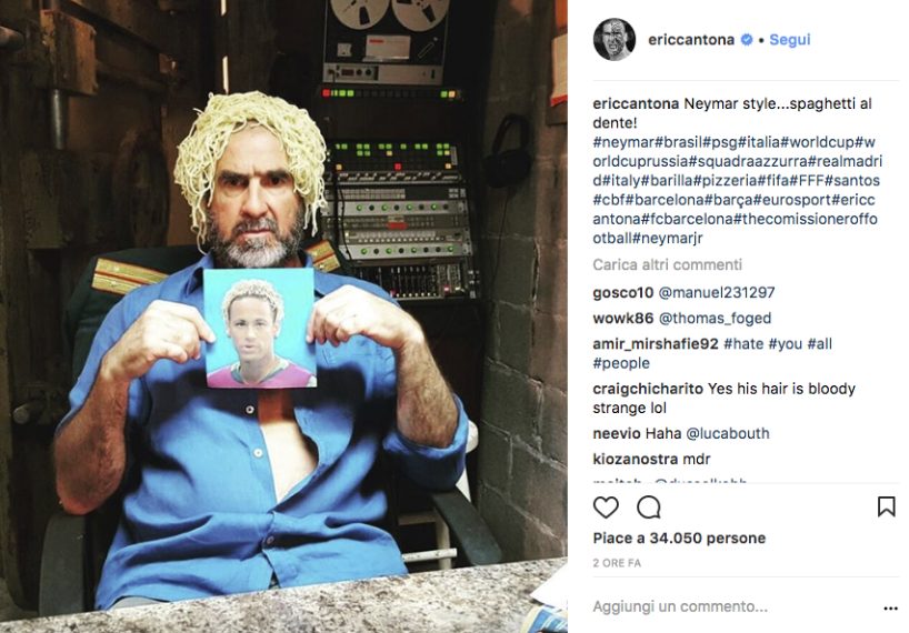 Il post su Instagram di Eric Cantona che scrive: "Neymar style...spaghetti al dente!"