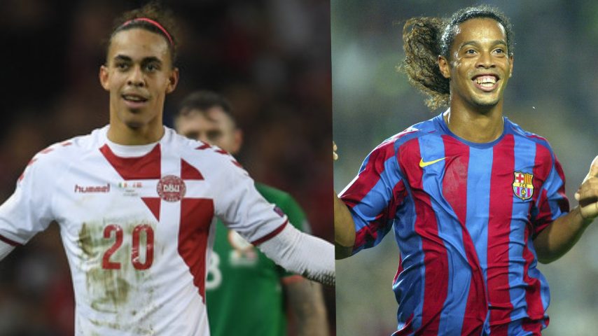 Yussuf Poulsen, attaccante della Danimarca mostra una certa somiglianza col brasiliano Ronaldinho.