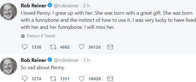 Sono così triste per Penny. L'adoravo. Sono cresciuto con lei. È nata con un grande dono. È nata con una spina dorsale e l'istinto per usarla. Sono stato molto fortunato ad aver vissuto con lei e il suo senso dell'umorismo. Mi mancherà