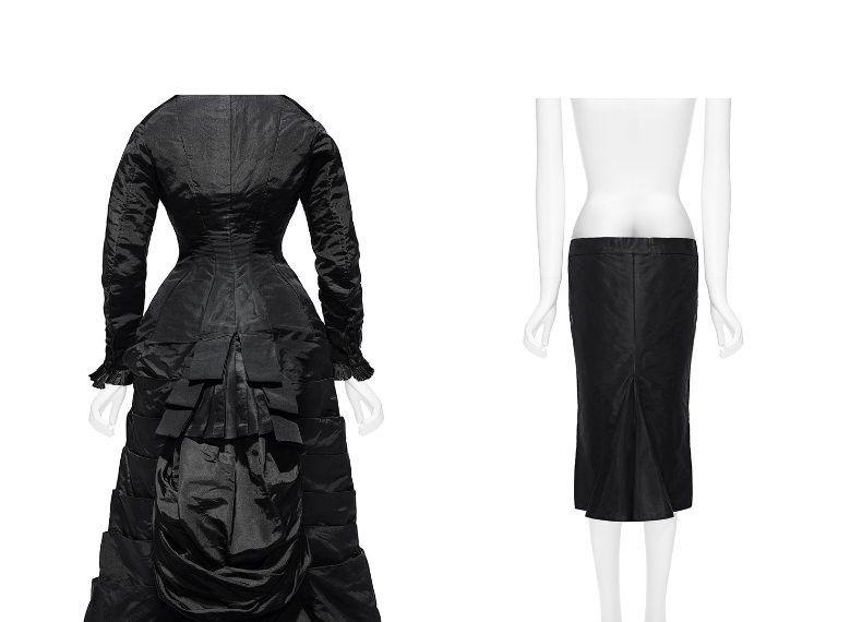 (Left) Timeline: Afternoon dress, ca. 1877. American. Silk. The Metropolitan Museum of Art, New York, Gift of Theodore Fischer Ells, 1975 (1975.227.4) (Right) Interruption: Alexander McQueen (British, 1969–2010). “Bumster” Skirt, fall/winter 1995–96, edition 2010. Courtesy of Alexander McQueen