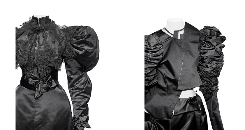 (Left) Timeline: Mrs. Arnold (American). Dinner dress, ca. 1895. Silk. The Metropolitan Museum of Art, New York, Gift of the Brooklyn Museum, 2009; Gift of Sally Ingalls, 1932 (2009.300.643a, b) (Right) Interruption: Comme des Garçons (Japanese, founded 1969). Ensemble, fall/winter 2004–5. Gift of Comme des Garçons, 2020