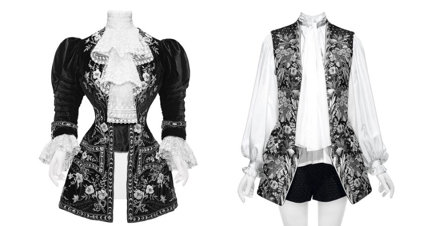 (Left) Timeline: Morin Blossier (French). Riding jacket, 1902. The Metropolitan Museum of Art, New York. Gift of Miss Irene Lewisohn, 1937 (C.I.37.44.3a) (Right) Interruption: Nicolas Ghesquière (French, born 1971) for Louis Vuitton (French, founded 1854). Ensemble, spring/summer 2018. Courtesy of Collection Louis Vuitton