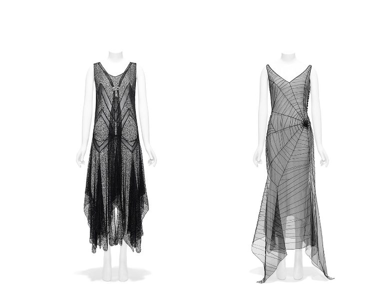 (Left) Timeline: Evening dress, ca. 1928. Probably American. The Metropolitan Museum of Art, New York, Gift of Richard Martin and Harold Koda, 1992 (1992.399a, b) (Right) Interruption: John Galliano (British, born Gibraltar, 1960). Dress, spring/summer 1997, edition 2008. Gift of John Galliano, 2012 (2012.122)