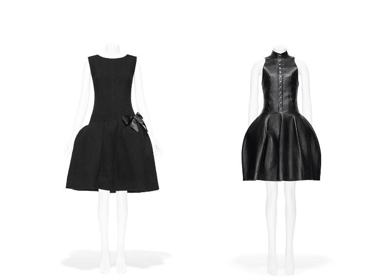 (Left) Timeline: Cristóbal Balenciaga (Spanish, 1895–1972). Dress, fall/winter 1958–59 haute couture. Gift of Rosamond Bernier, 1973 (1973.58.1a, b) (Right) Interruption: Nicolas Ghesquière (French, born 1971) for Louis Vuitton (French, founded 1854). Dress, spring/summer 2018. Courtesy of Collection Louis Vuitton