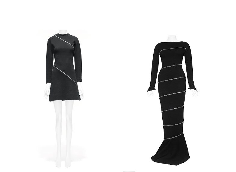 (Left) Timeline: Rudi Gernreich (American, born Austria, 1922–1985). Dress, fall/winter 1968–69. Purchase, Funds from various donors, Isabel Shults Fund, and Millia Davenport and Zipporah Fleisher Fund, 2005 (2005.261) (Right) Interruption: Azzedine Alaïa (French, born Tunisia, 1935–2017). Dress, spring/summer 2003. Courtesy of Alaïa
