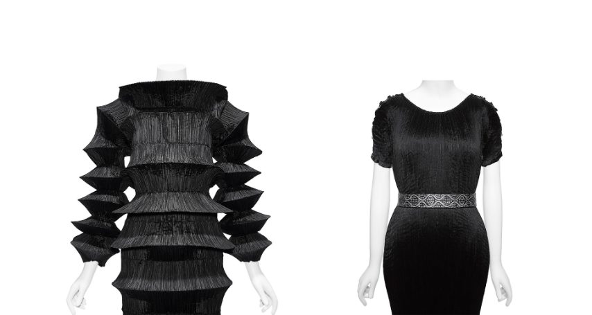 (Left) Timeline: Issey Miyake (Japanese, born 1938). “Flying Saucer” Dress, spring/summer 1994. Courtesy of Issey Miyake (Right) Interruption: Mariano Fortuny y Madrazo (Spanish, 1871–1949). “Delphos” Dress, ca. 1930. Promised Gift of Sandy Schreier (L.2018.61.29a–c)