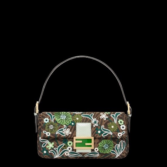 Borsa con ricami floreali verdi su fondo marrone