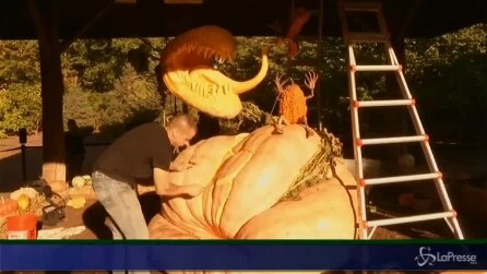 Halloween, scultura di zucca da 900 kg a New York