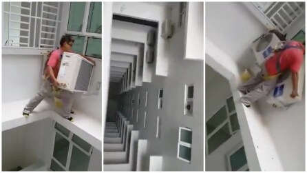 L'operaio che lavora sospeso nel vuoto, senza protezioni