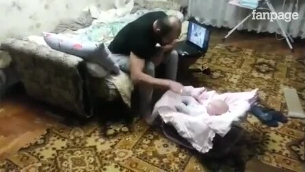 Pai faz um gesto de 'violência' com o filho.Veja como o gato reage