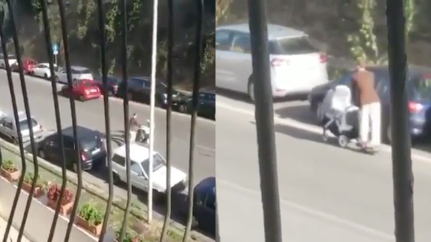 Lo riprende mentre attraversa la strada con il passeggino: ciò che fa ...