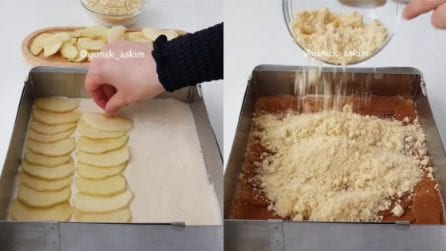 Double face dessert: pan di spagna sotto e sbriciolata di mele sopra