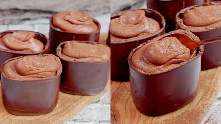 Coppette di cioccolato con mousse all'acqua faba: il dessert golosissimo e divertente da preparare!