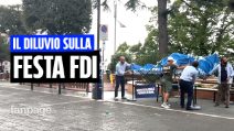 Bufera sulla festa di FdI per i mille giorni di Meloni. Militanti e politici si rifugiano in Chiesa