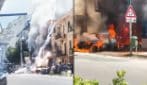 Incendio in un negozio di fuochi d'artificio a Sezze, fiamme e fumo contro un palazzo
