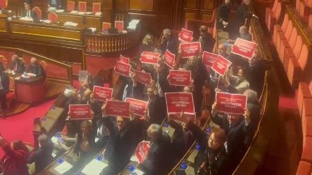 Al Senato la protesta di Pd, M5s e Avs contro la manovra, i cartelli: "Voltafaccia Meloni"