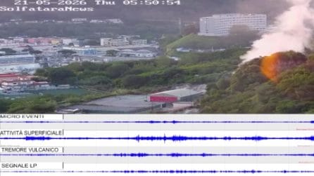 Il momento della scossa 4.4 nei Campi Flegrei ripreso dalle telecamere della Solfatara di Pozzuoli