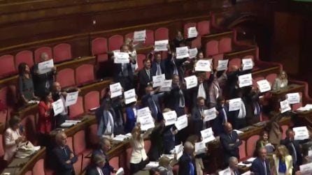 Legge elettorale, FdI in Aula mostra cartelli contro le opposizioni: "Con noi le preferenze"